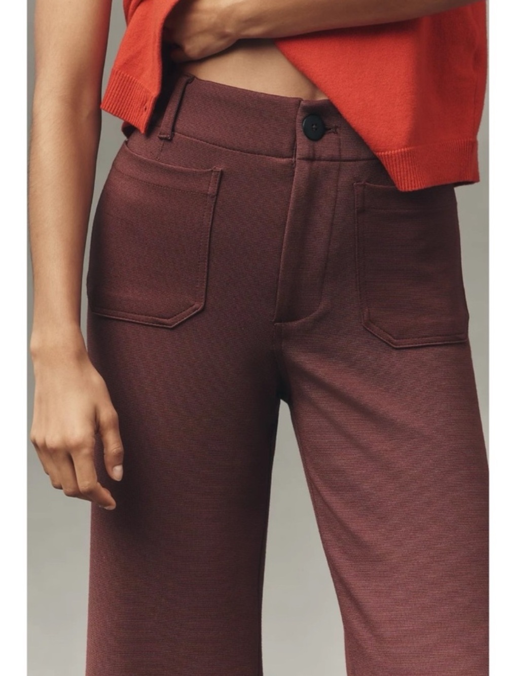 Anthropologie The Colette Knit Crop Wide-Leg Pants Burgundy 26 - Picture 2 of 8